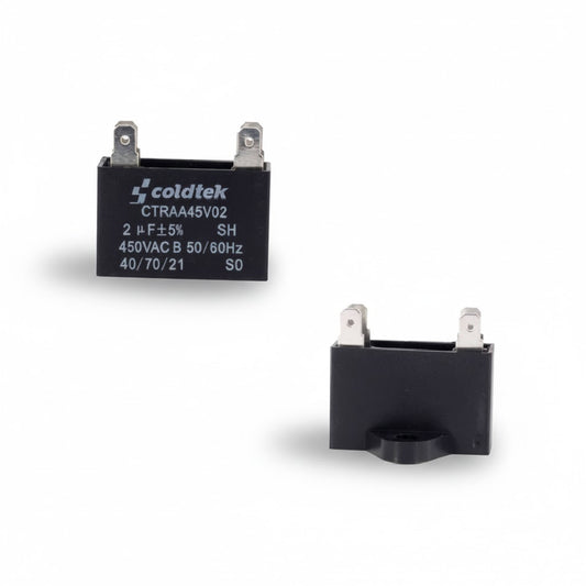 Capacitor tipo caja negro para trabajo de motores de ventilador, 2 microfaradios y 450 voltios marca COLDTEK.