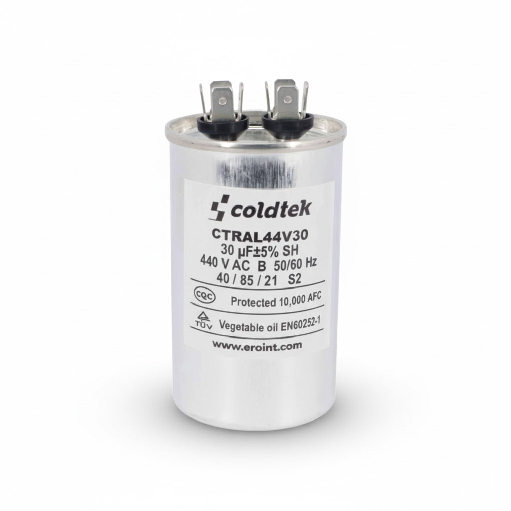Capacitor cilíndrico de aluminio para trabajo de motores eléctricos, 30 microfaradios y 440 voltios marca COLDTEK.