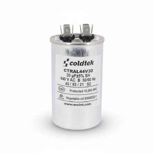 Capacitor cilíndrico de aluminio para trabajo de motores eléctricos, 30 microfaradios y 440 voltios marca COLDTEK.