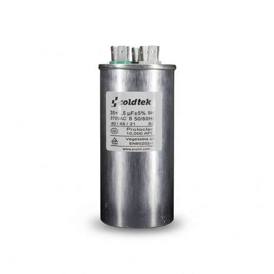 Capacitor cilíndrico dual de aluminio para compresor y ventilador, 35+1.5 microfaradios y 370 voltios marca COLDTEK.