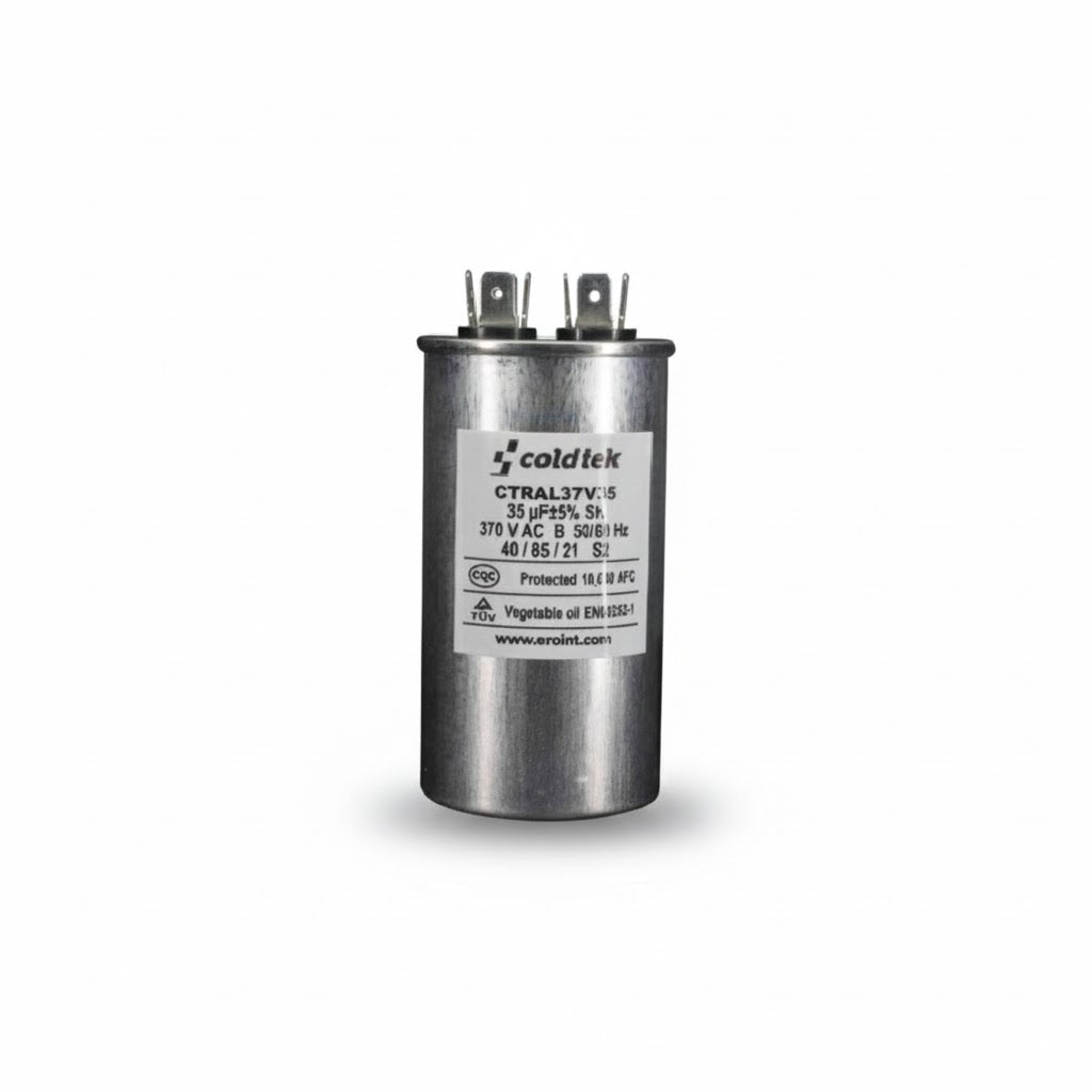 Capacitor cilíndrico de aluminio para trabajo de motores eléctricos, 35 microfaradios y rango 370-440 voltios marca COLDTEK.