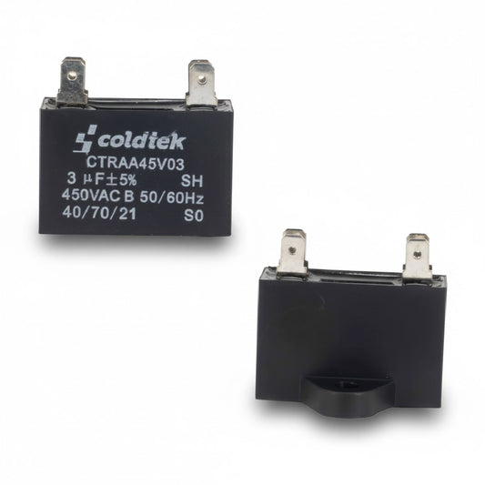 Capacitor tipo caja negro para trabajo de motores de ventilador, 3 microfaradios y 450 voltios marca COLDTEK.