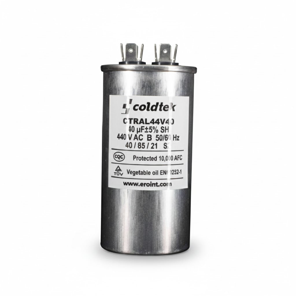 Capacitor cilíndrico de aluminio para trabajo de motores eléctricos, 40 microfaradios y 440 voltios marca COLDTEK.