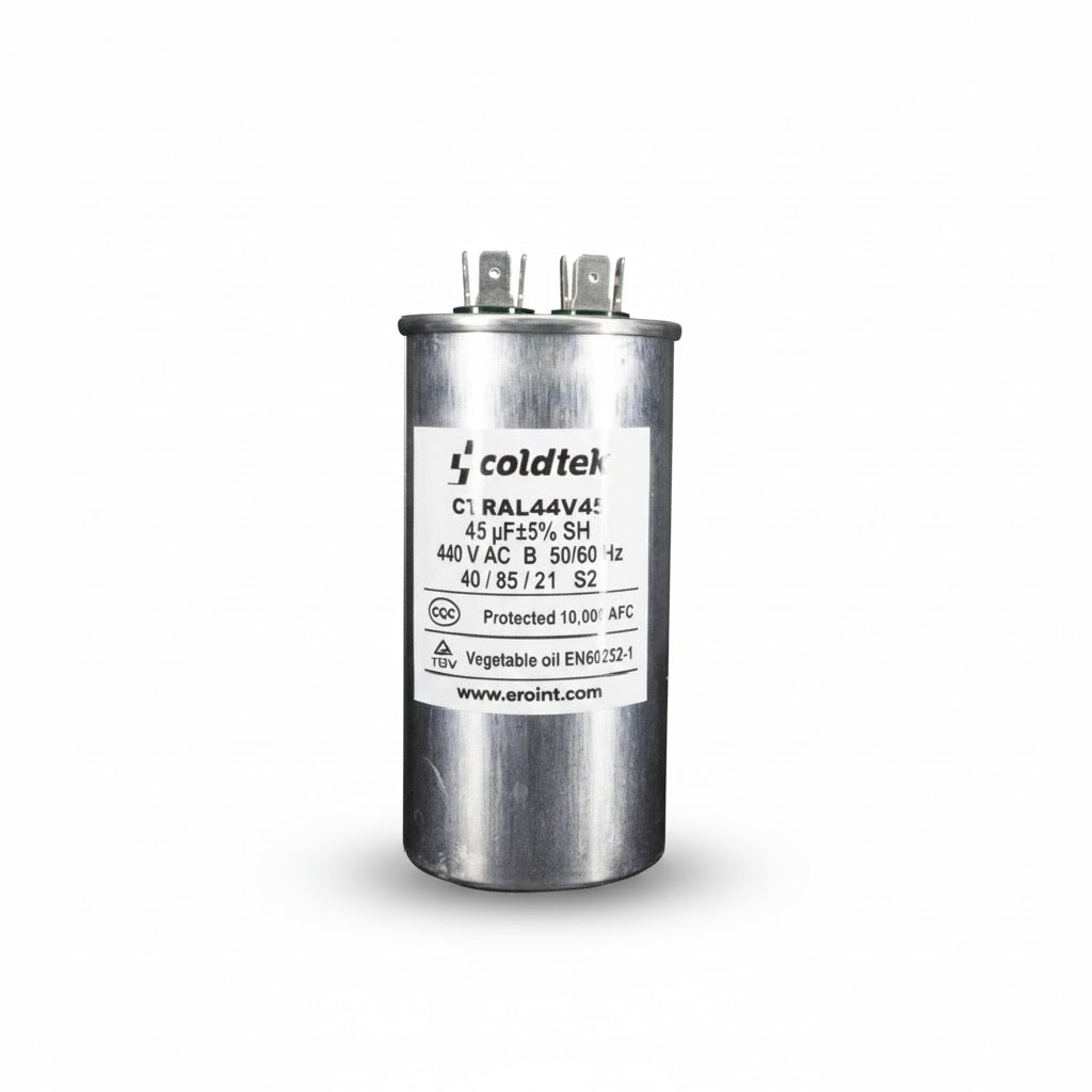 Capacitor cilíndrico de aluminio para trabajo de motores eléctricos, 45 microfaradios y 440 voltios marca COLDTEK.