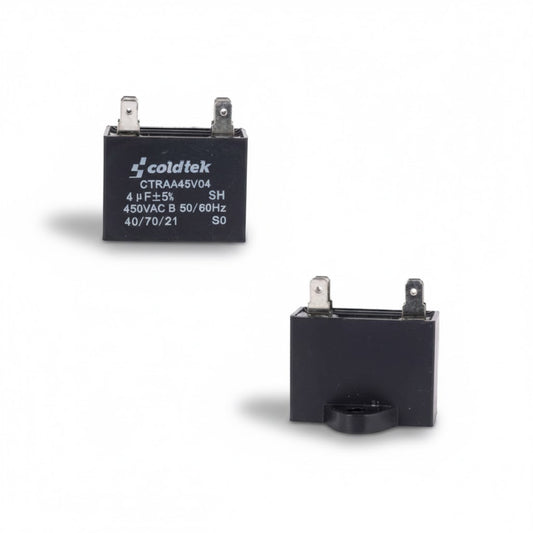 Capacitor tipo caja negro para trabajo de motores de ventilador, 4 microfaradios y 450 voltios marca COLDTEK.