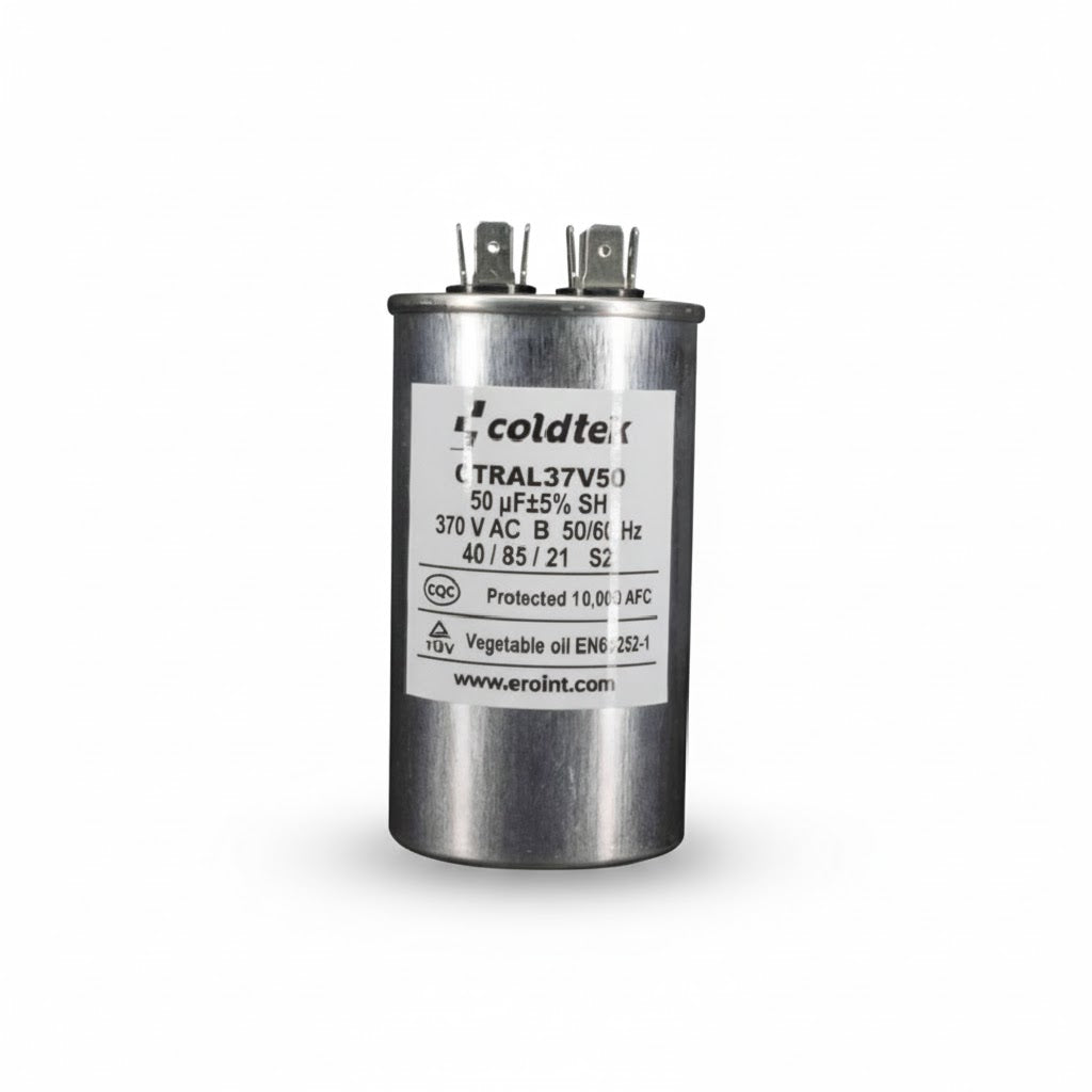 Capacitor cilíndrico de aluminio para trabajo de motores eléctricos, 50 microfaradios y 370 voltios marca COLDTEK.