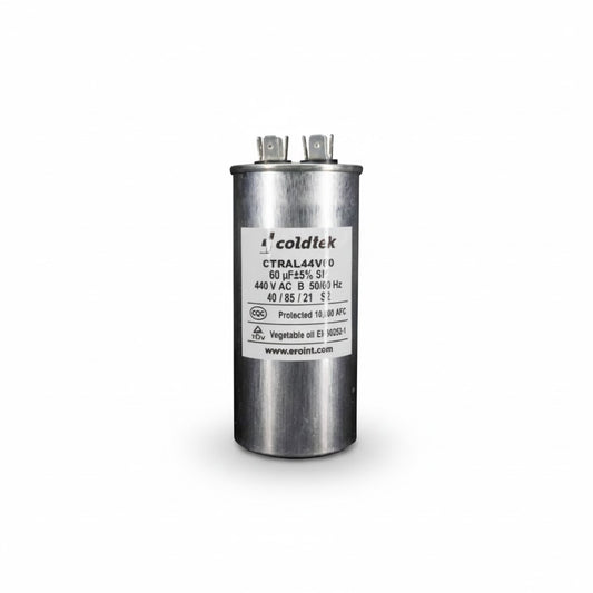 Capacitor de trabajo cilíndrico de 60 microfaradios y 440 voltios marca Coldtek para sistemas de refrigeración industrial de gran capacidad.