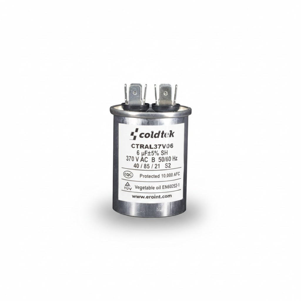 Capacitor de trabajo cilíndrico de 6 microfaradios y 370 voltios marca Coldtek para motores de ventilación HVACR.
