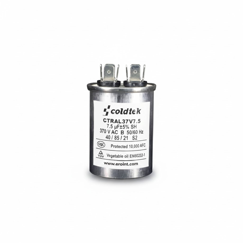 Capacitor de trabajo cilíndrico de 7.5 microfaradios y 370 voltios marca Coldtek para motores de ventilación HVACR.