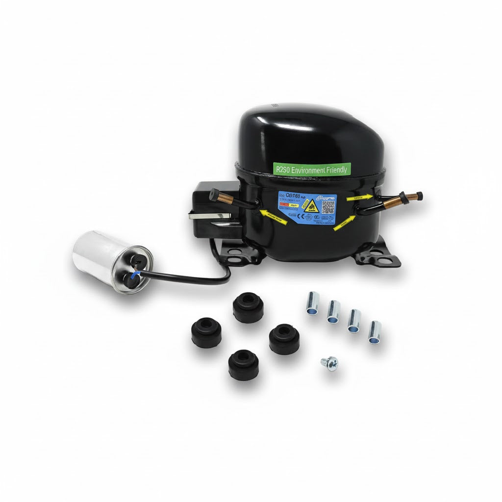 Compresor hermético Comptek QD35U de 1/6 HP para gas R290 con kit de accesorios para refrigeración comercial compacta.