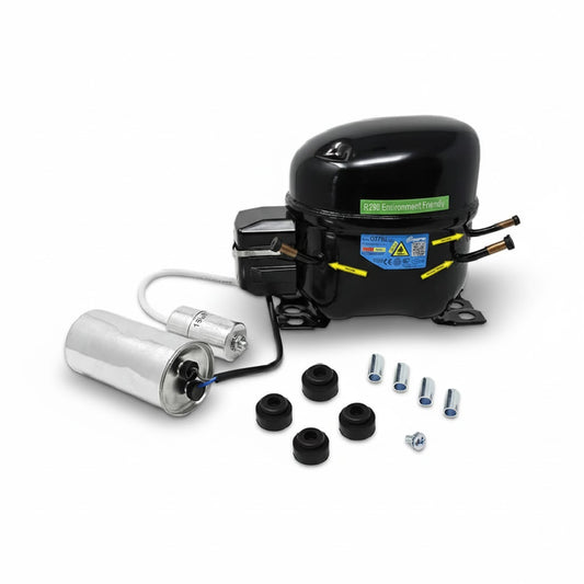 Compresor hermético Comptek QD75U de 1/3 HP para gas R290 con accesorios de montaje para refrigeración comercial.