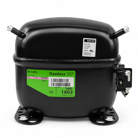 Compresor SECOP SC12CL 104L1603 1/2 HP R404A 115V baja temperatura para congelación comercial HVACR