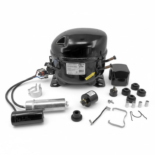 Compresor Sikelan de 1/2 HP para uso pesado, marca ERO Internacional modelo GQR70KD para refrigerante R404A y aplicaciones M/HBP.