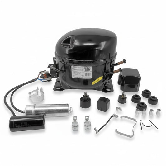 Compresor Sikelan de 1/2 HP marca ERO Internacional modelo GQR80KD para refrigerante R404A y aplicaciones de refrigeración M/HBP.