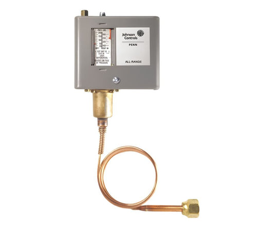 Presostato de alta presión con reset automático Johnson Controls modelo P70CA-3C con capilar de 1/4 de pulgada para refrigeración.