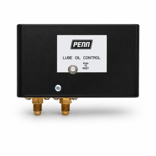 Control de presión diferencial de aceite Johnson Controls modelo P145NC-812C con reset manual y conexiones flare macho de 1/4 pulgada.