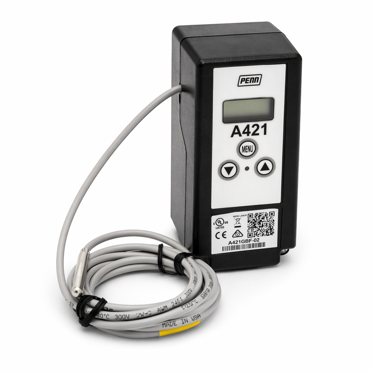Termostato electrónico digital Johnson Controls modelo A421GBF-02C con pantalla LCD y sensor para control de temperatura en 24V AC.