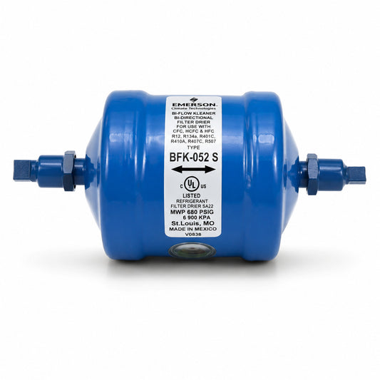 Filtro deshidratador bidireccional Emerson BFK-052S con conexión 1/4 pulgada Soldable ODS para bombas de calor y sistemas de refrigeración con flujo reversible.