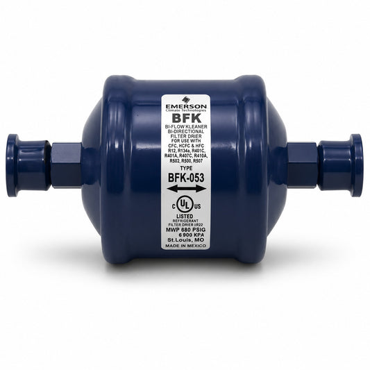 Filtro deshidratador bidireccional Emerson BFK-053S con conexión 3/8 pulgada Soldable ODS para bombas de calor y sistemas de refrigeración con flujo reversible.