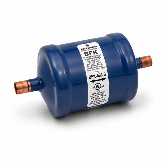 Filtro deshidratador bidireccional Emerson BFK-083S con conexión 3/8 pulgada Soldable ODS para bombas de calor y sistemas de refrigeración con flujo reversible.