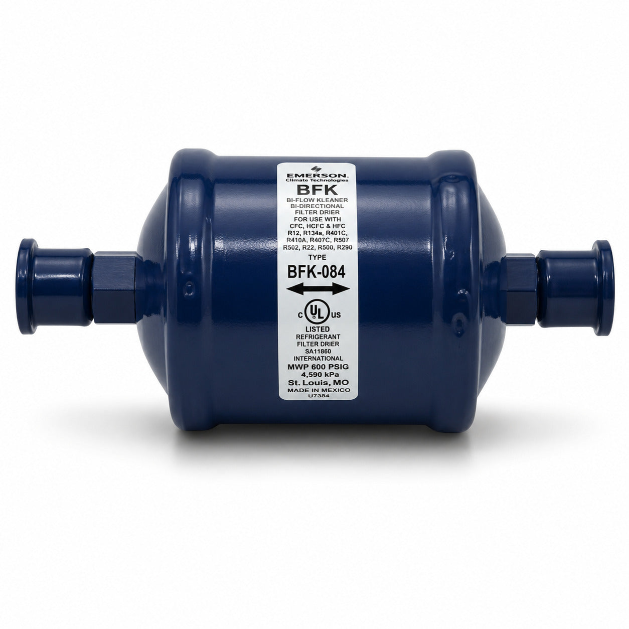 Filtro deshidratador bidireccional Emerson BFK-084S con conexión 1/2 pulgada Soldable ODS para bombas de calor y sistemas de refrigeración con flujo reversible.