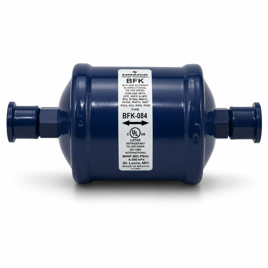 Filtro deshidratador bidireccional Emerson BFK-084S con conexión 1/2 pulgada Soldable ODS para bombas de calor y sistemas de refrigeración con flujo reversible.