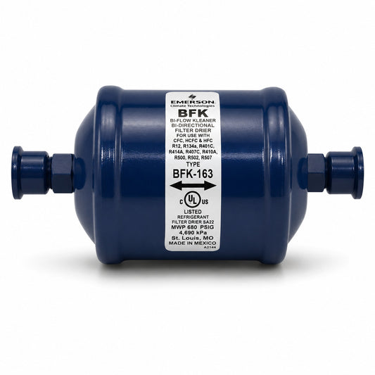 Filtro deshidratador Emerson BFK-163S con conexión 3/8 pulgada Soldable ODS para línea de líquido en sistemas de refrigeración y aire acondicionado.