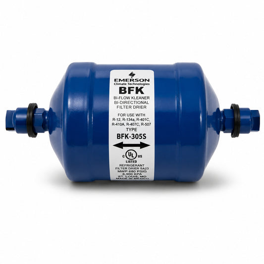 Filtro Deshidratador Bidireccional Emerson BFK-305S con conexión 5/8 pulgada Soldable ODS para línea de líquido en bombas de calor y sistemas de refrigeración.