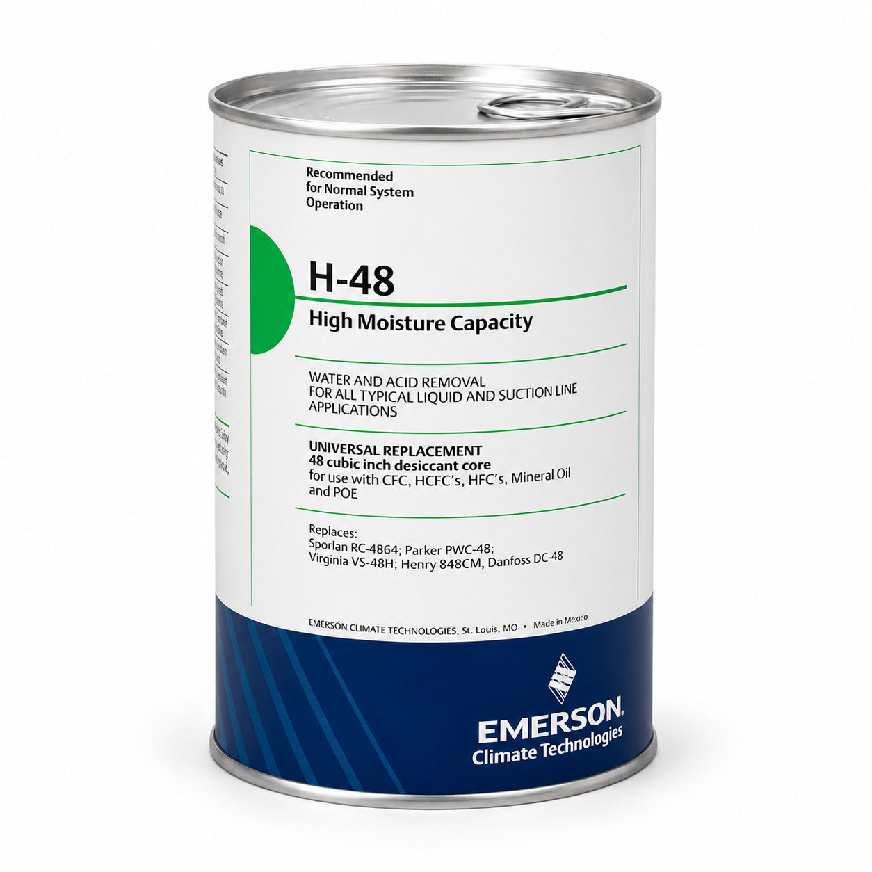 Piedra desecante Emerson H-48 High Moisture Capacity para filtros deshidratadores recargables utilizada en sistemas HVACR de refrigeración y aire acondicionado.