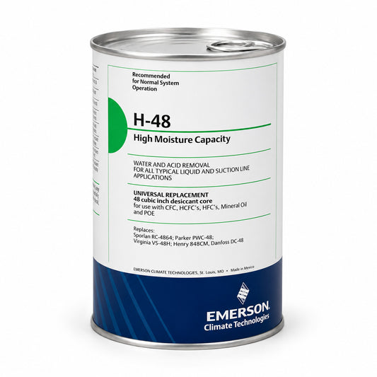 Piedra desecante Emerson H-48 High Moisture Capacity para filtros deshidratadores recargables utilizada en sistemas HVACR de refrigeración y aire acondicionado.