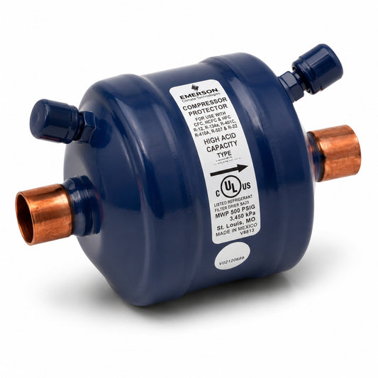 Filtro Deshidratador Emerson SFD-13S4VV para línea de succión con conexión 1/2 pulgada soldable ODF y doble válvula de acceso para sistemas HVACR.