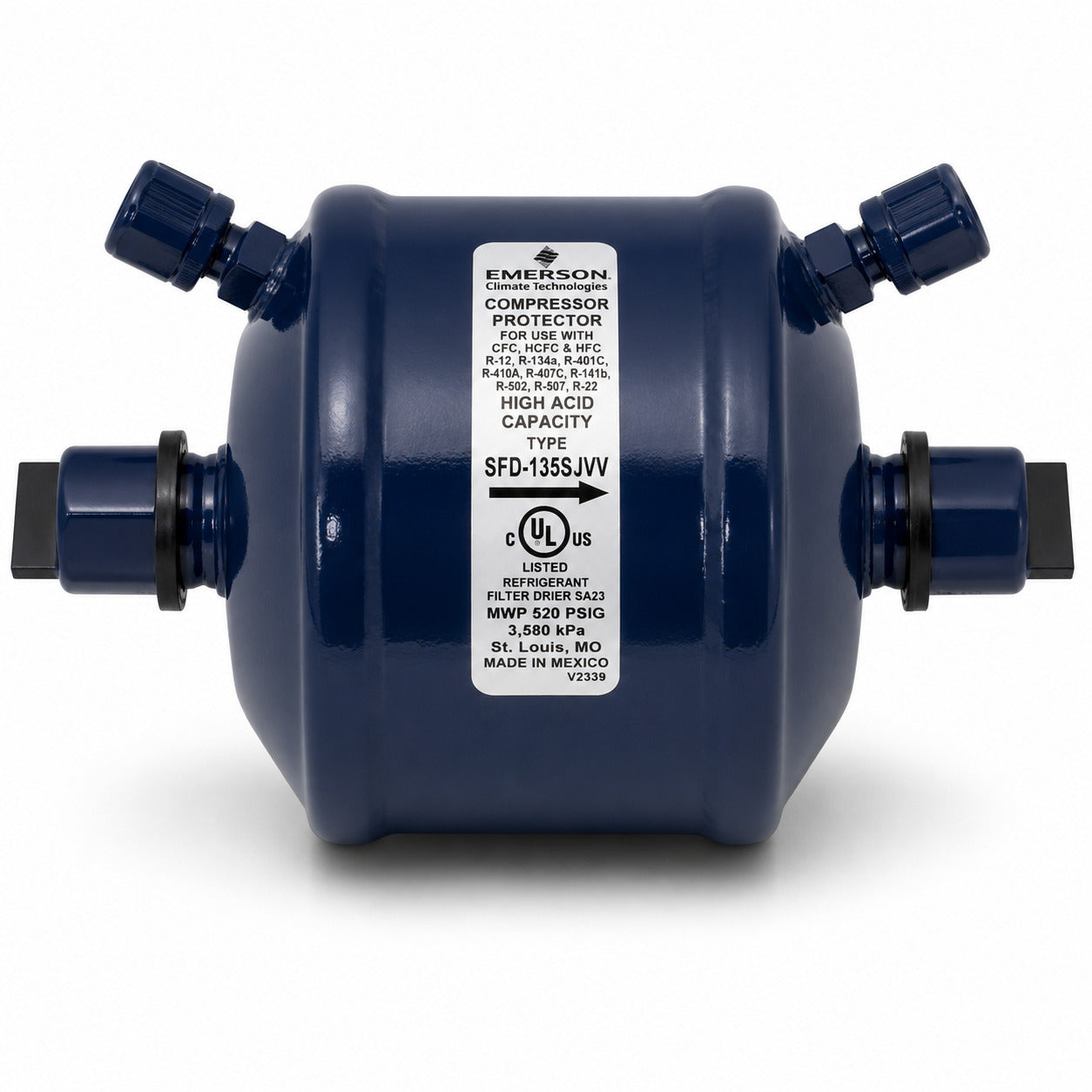 Filtro Deshidratador Emerson SFD-13S5VV para línea de succión con conexión 5/8 pulgada Soldable ODF y doble válvula de acceso para sistemas HVACR.