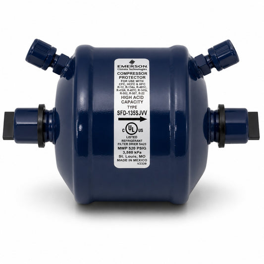 Filtro Deshidratador Emerson SFD-13S5VV para línea de succión con conexión 5/8 pulgada Soldable ODF y doble válvula de acceso para sistemas HVACR.