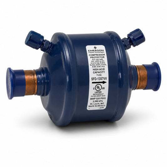 Filtro Deshidratador Emerson SFD-13S7VV para línea de succión con conexión 7/8 pulgada Soldable ODF y doble válvula de acceso para sistemas HVACR.