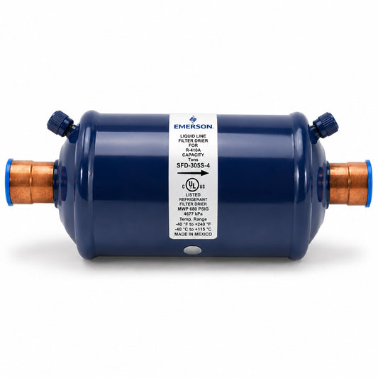Filtro Deshidratador Emerson SFD-54S11VV para línea de succión con conexión 1 3/8 pulgada Soldable ODF y doble válvula de acceso para sistemas HVACR de alta capacidad.