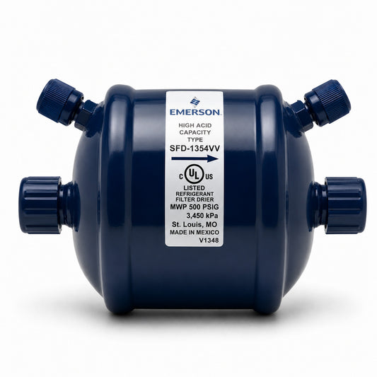 Filtro Deshidratador Emerson SFD-54S13VV para línea de succión con conexión 1 5/8 pulgada Soldable ODF y doble válvula de acceso para sistemas HVACR de alta capacidad.