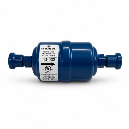 Filtro deshidratador Emerson TD-032 con conexión 1/4" Flare para línea de líquido en sistemas de refrigeración y aire acondicionado.