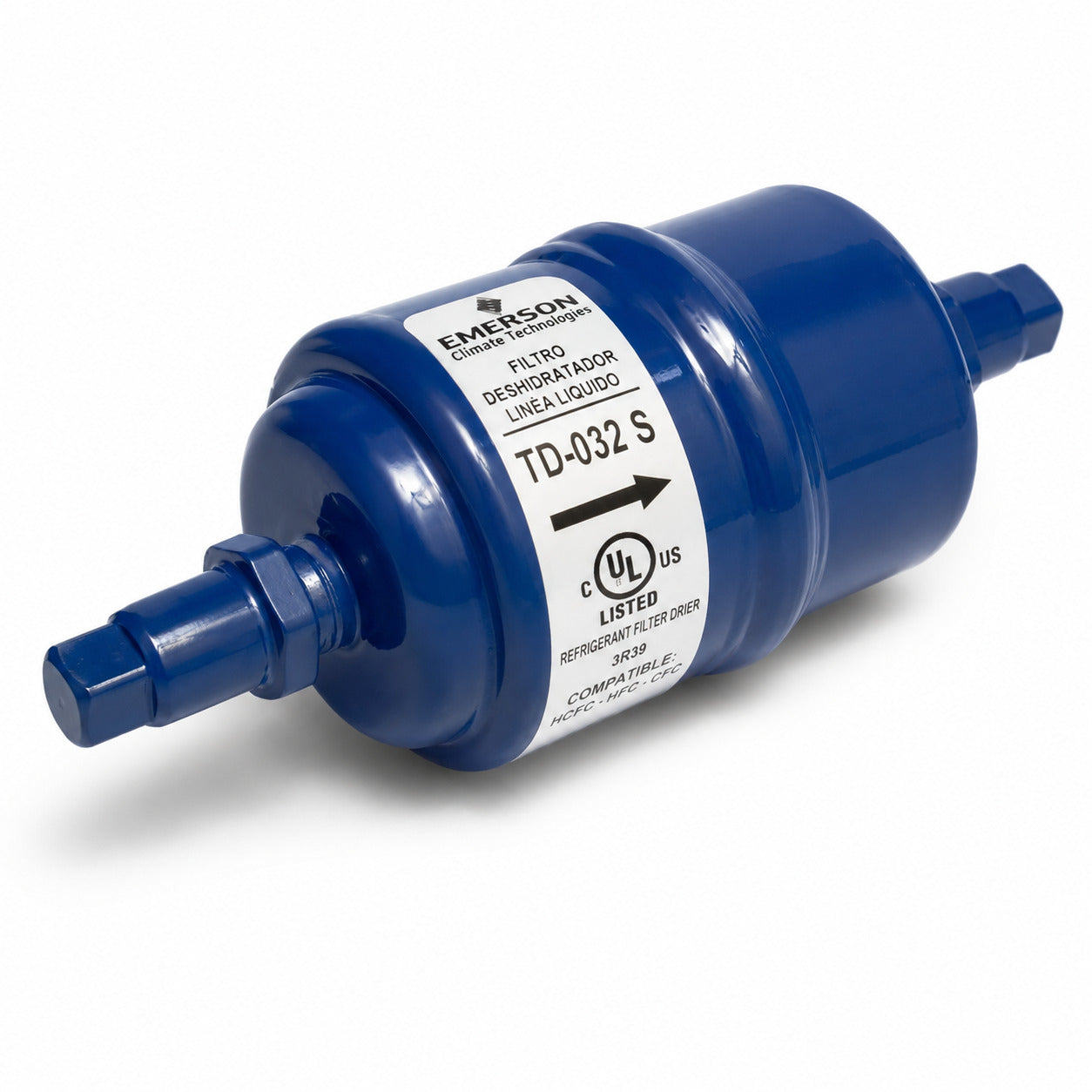 Filtro deshidratador Emerson TD-032S con conexión 1/4 pulgada ODF soldable para línea de líquido en sistemas de refrigeración y aire acondicionado.