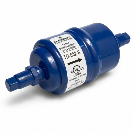Filtro deshidratador Emerson TD-032S con conexión 1/4 pulgada ODF soldable para línea de líquido en sistemas de refrigeración y aire acondicionado.