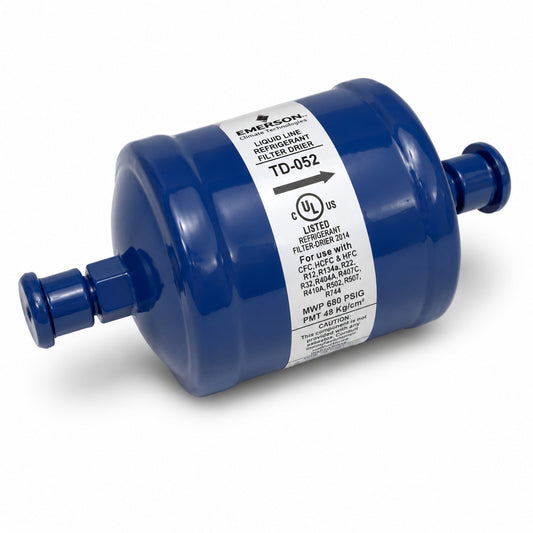 Filtro deshidratador Emerson TD-052 con conexión 1/4 pulgada SAE Flare para línea de líquido en sistemas de refrigeración y aire acondicionado.