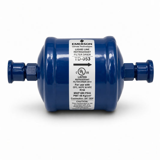 Filtro deshidratador Emerson TD-053 con conexión 3/8 pulgada Flare para línea de líquido en sistemas de refrigeración y aire acondicionado.