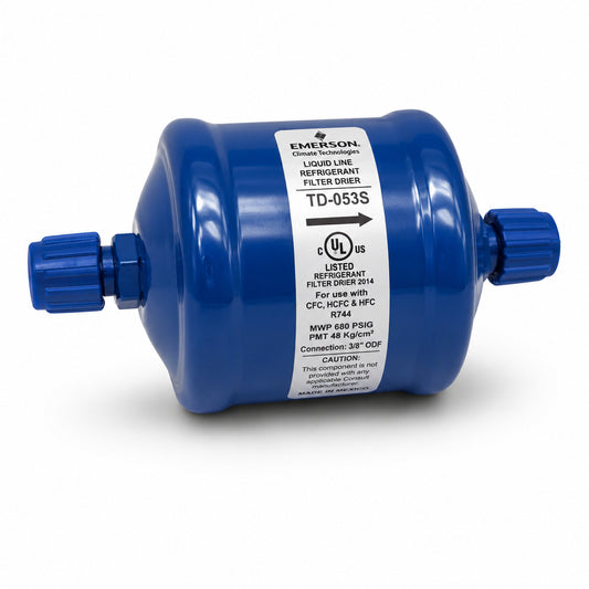 Filtro deshidratador Emerson TD-053S con conexión 3/8 pulgada soldable ODS para línea de líquido en sistemas de refrigeración y aire acondicionado.