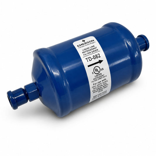 Filtro deshidratador Emerson TD-082 con conexión 1/4 pulgada Flare para línea de líquido en sistemas de refrigeración y aire acondicionado.