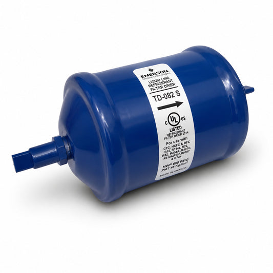 Filtro deshidratador Emerson TD-082S con conexión 1/4 pulgada soldable ODS para línea de líquido en sistemas de refrigeración y aire acondicionado.
