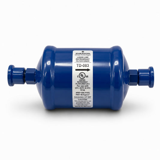 Filtro deshidratador Emerson TD-083 con conexión 3/8 pulgada Flare para línea de líquido en sistemas de refrigeración y aire acondicionado.
