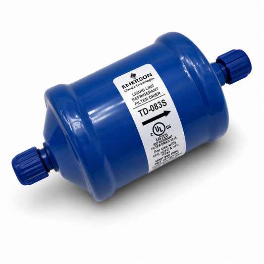 Filtro deshidratador Emerson TD-083S con conexión 3/8 pulgada soldable ODS para línea de líquido en sistemas de refrigeración y aire acondicionado.
