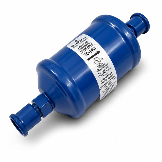 Filtro deshidratador Emerson TD-084 con conexión 1/2 pulgada Flare SAE para línea de líquido en sistemas de refrigeración y aire acondicionado.
