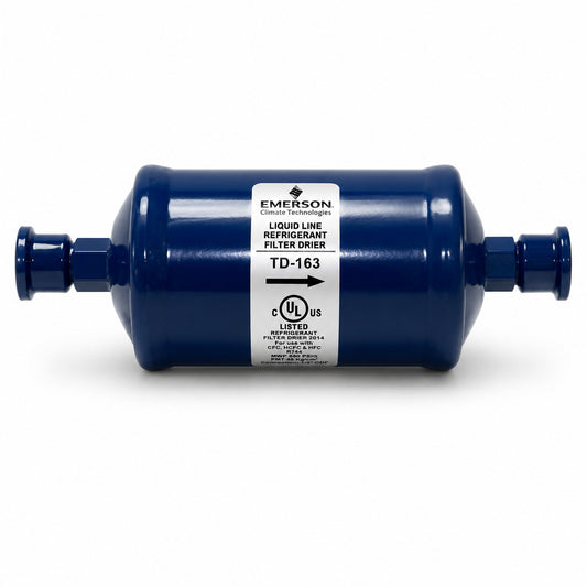 Filtro deshidratador Emerson TD-163 con conexión 3/8 pulgada Flare SAE para línea de líquido en sistemas de refrigeración y aire acondicionado.