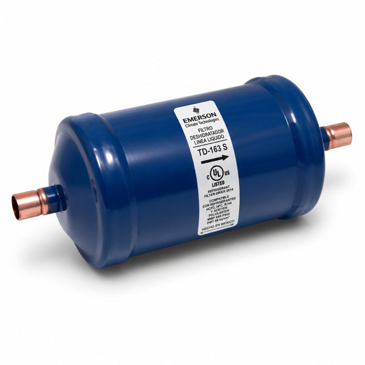 Filtro deshidratador Emerson TD-163S con conexión 3/8 pulgada Soldable (ODS) para línea de líquido en sistemas de refrigeración y aire acondicionado.