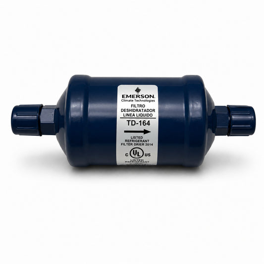 Filtro deshidratador Emerson TD-164 con conexión 1/2 pulgada Flare SAE para línea de líquido en sistemas de refrigeración y aire acondicionado.